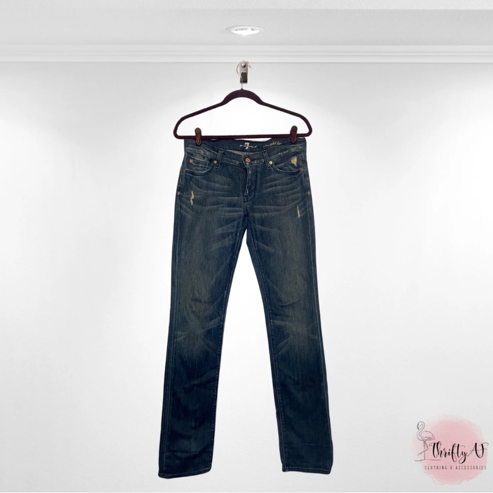 7 For All Mankind Embellished, Distressed Straight Leg Jean. Sz 27 / 33 inseam